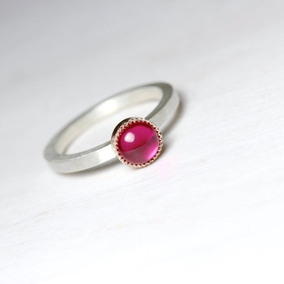 Lab Created Ruby Engagement Ring Silver 14k Rose Gold Bezel Cherry Pink Conflict Free Gemstone Modern Simplistic Vibrant Design - Maraschino