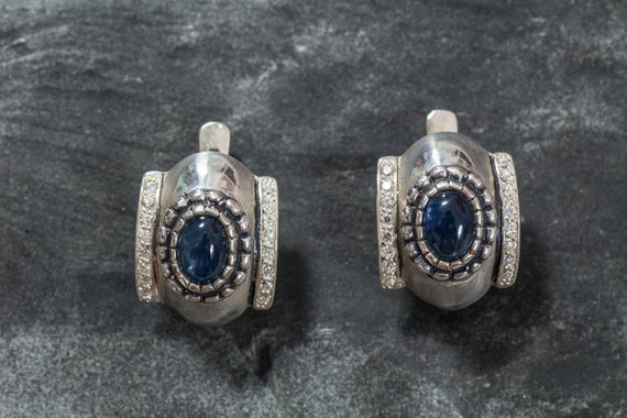 Sapphire Earrings, Bezel Earrings, Natural Sapphire, Antique Earrings, September Birthstone, Silver Earrings, Blue Earrings, Big Earrings