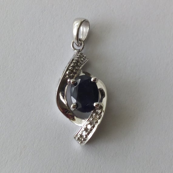 Natural Sapphire Pendant 14k White Gold, Genuine Sapphire And Diamond Pendant Jewelry Gift
