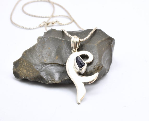 Sterling Silver Raw Sapphire Pendant, Blue Gemstone Necklace Rough Sapphire Stone Jewelry, Leaf Sapphire Necklace September Birthstone