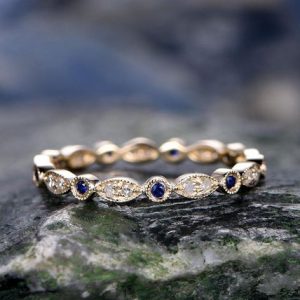 Blue Sapphire wedding ring-solid 14k Yellow gold-handmade petite diamond ring-Full eternity- Matching band-tiny stones Bezel Mircro Pave | Natural genuine Gemstone rings, simple unique alternative gemstone engagement rings. #rings #jewelry #bridal #wedding #jewelryaccessories #engagementrings #weddingideas #affiliate #ad