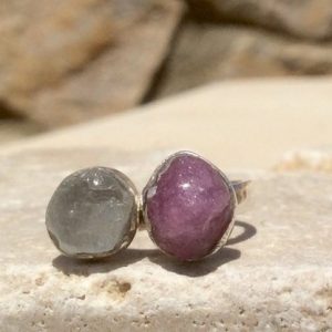 Raw Gemstone Double Stone Ring, Pink and White Sapphire Raw Stone Ring, Rough Gemstone Two Stone Ring | Natural genuine Array rings, simple unique handcrafted gemstone rings. #rings #jewelry #shopping #gift #handmade #fashion #style #affiliate #ad