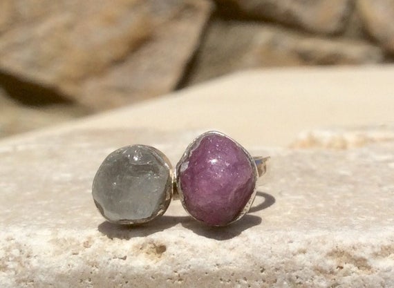 Raw Gemstone Double Stone Ring, Pink And White Sapphire Raw Stone Ring, Rough Gemstone Two Stone Ring
