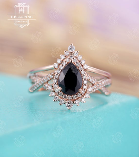 Vintage Black Diamond Engagement Ring Set Black Sapphire Ring Rose Gold Ring Pear Cut Ring Halo Diamond Moissanite Curved Band Twisted Band