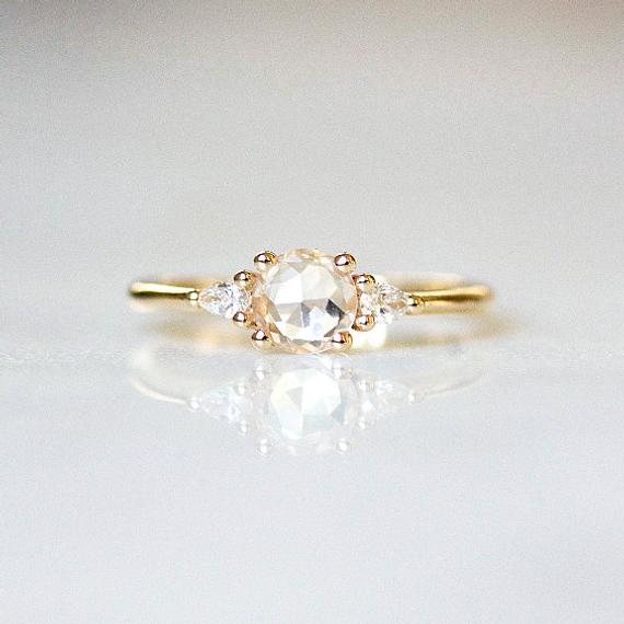 White Sapphire Engagement Ring | 3 Stone Gold Ring | Round Rose Cut Sapphire | Trilogy Engagement Ring | Dainty Engagement [the Maeve Ring]