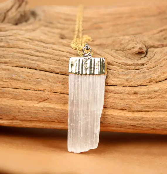 Selenite Necklace, Raw Crystal Necklace, Healing Crystal Pendant A Gold Topped Selenite Wand On A 14k Gold Filled Chain