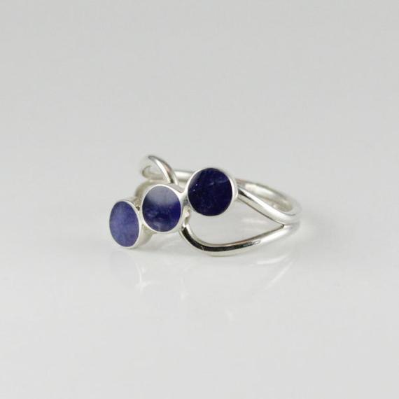 Small Natural Sodalite Stone Ring, Three Cabochons Sodalite Stones Set On 925 Sterling Silver
