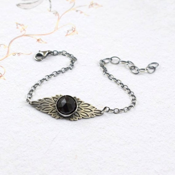 Black Spinel Bracelet, Silver Boho Bracelet, Wings Bracelet, Everyday Jewelry