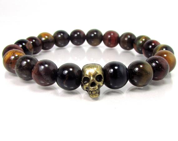 Tiger Eye Mens Bracelet With Skull, Natural Gemstone Mens Bracelet, Mens Gemstone Beaded Bracelet, Bronze Skull Mens Bracelet, Gift For Men