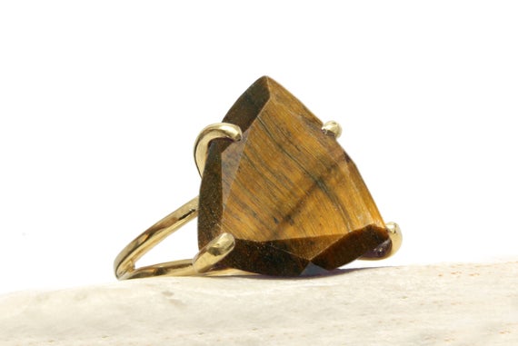 Tiger Eye Ring · Statement Ring · 14k Gold Ring · Gemstone Ring · Triangle Ring · Trillion Stone Ring · Prong Ring · Cocktail Ring