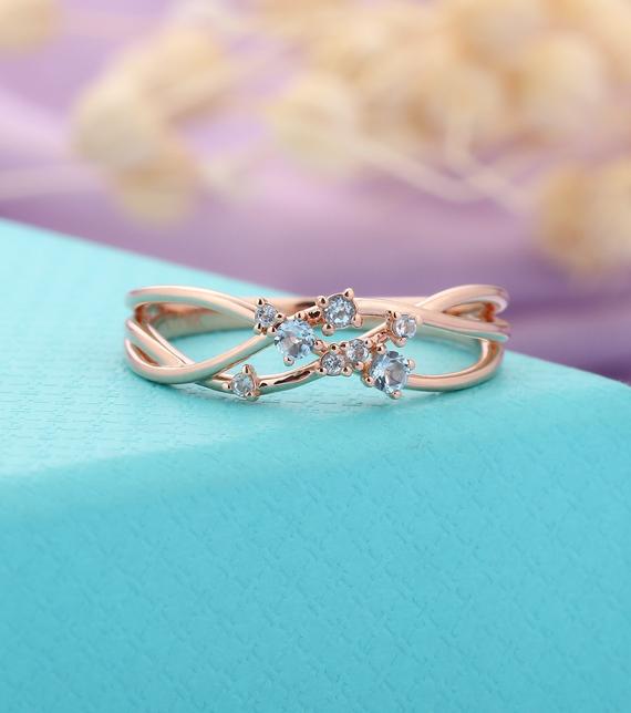 Blue Topaz Cluster Ring Vintage Rose Gold Dainty Promise Wedding Ring Unique Art Deco March Birthstone Ring Delicate Anniversary Bridal Ring