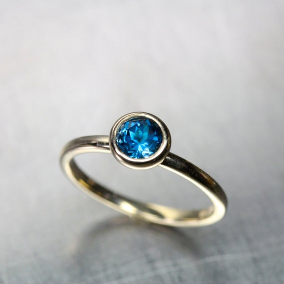 Minimalistic London Blue Topaz Engagement Ring 14k Yellow Gold Modern Simple Bridal Setting Deep Intense Color Wedding Band - Cerulean Cup