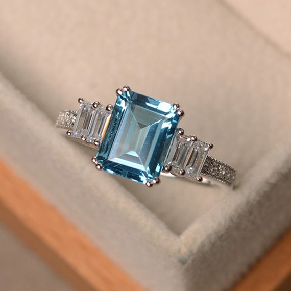Swiss Blue Topaz Ring, Emerald Cut Stone, Sterling Silver Ring, Promise Ring
