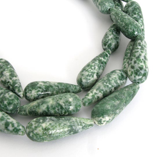 28mm Tree Agate Beads, 28mm Green Teardrop Beads, Green And White  Gemstone Beads, 28mm Teardrop Beads, Aga231