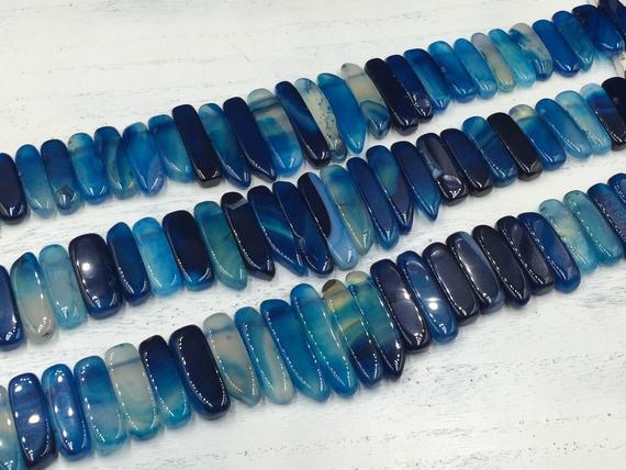Polished Blue Agate Slice Beads Stick Beads Graduated Top Drilled Natural Agate Gemstone Slice Stick Beads 15.5" Full Strand