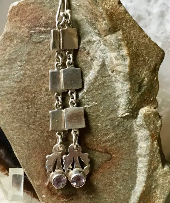 Silver Dangle Earrings, Amethyst Earrings, Silver Earrings, Artisan Earrings Tribal Earrings, Boho Earrings, Boho Jewelry, Long Earrings