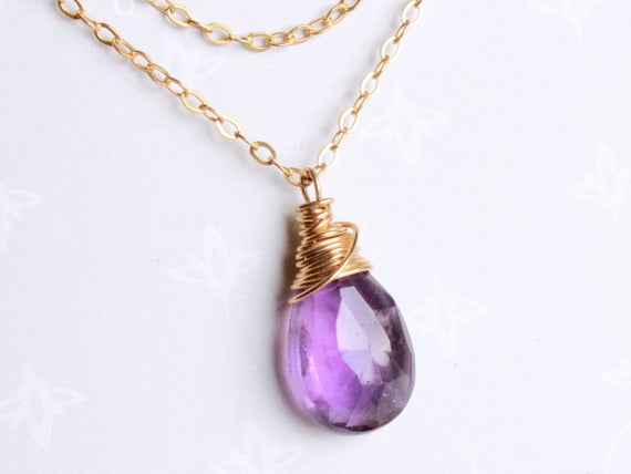 Amethyst Pendant Necklace Gold Filled Wire Wrapped Boho Luxe Minimalist Artisan Solitaire Choker February Birthstone Gift For Her Mom 4070