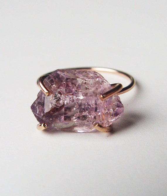 Amethyst Herkimer Gold Ring, Raw Amethyst Crystal Ring