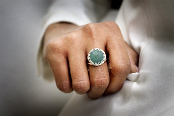 March Birthstone Ring · Silver Ring · Aquamarine Ring · Gemstone Ring · Semiprecious Ring · Large Ring · Round Cocktail Ring