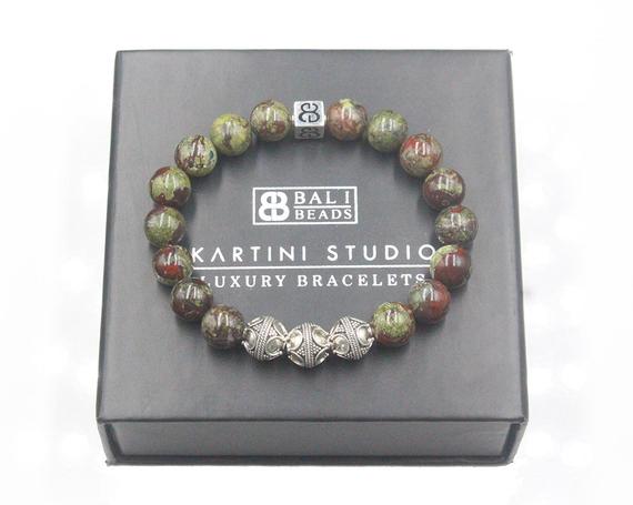 Dragon Bloodstone And Sterling Silver Beads Bracelet, Men's Bracelet, Men's Silver Bracelet, Bead Bracelet Men, Sterling Silver Beads Bali