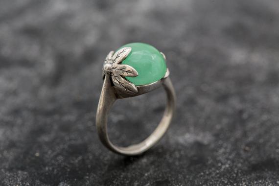 Chrysoprase Ring, Real Chrysoprase Ring, Leaf Ring, Grass Ring, Green Flower Ring, Natural Chrysoprase, May Birthstone, Sterling Silver Ring