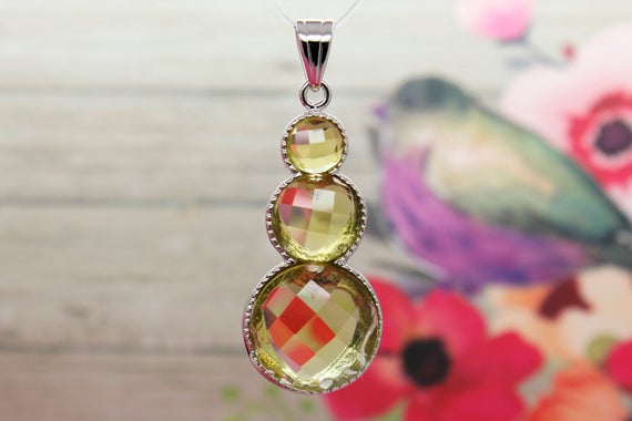 Natural Citrine Pendant, Yellow Citrine Faceted Round Heart Shape Gemstone Pendant Silver Plated