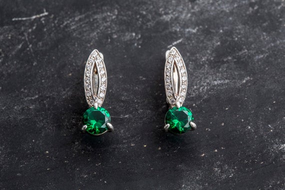 Green Earrings, Emerald Earrings, Created Emerald, Valentines Gift, Green Emerald, Silver Earrings, Cz Diamond, Vintage Earrings, Emerald