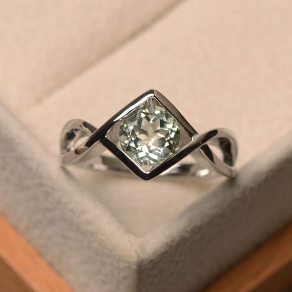 Natural Green Amethyst Rings, Wedding Rings, Round Cut Rings, Sterling Silver Rings, Solitaire Rings