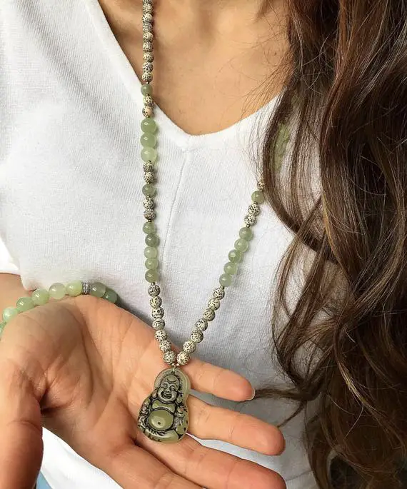 Happy Buddha Carved Jade And Lotus Seeds Mala Necklace/ Prayer/ Meditation/ Mala/ Necklace/ Spiritual Jewelry