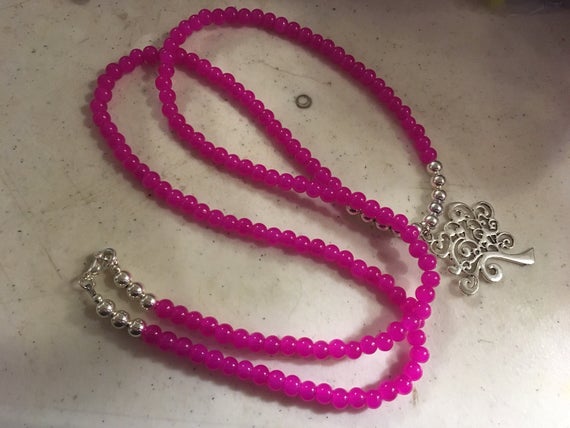 Hot Pink Necklace - Silver Tree Pendant Jewelry - Long - Jade Gemstone Jewellery - Beaded