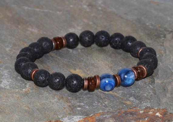 Men's Volcanic Lava & Blue Kyanite Bracelet, Yoga Mala Beads, Gift For Him, Buddhist Meditation, Coconut,strength-spirituality-stress Relief