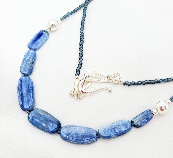 Simple, Minimalist, Handmade Kyanite Necklace. Rich Blue Raw Crystal Gemstone Jewelry For The Casual Everyday. Long, Layering Necklace