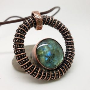 Shop Labradorite Pendants! Labradorite Circle Pendant, Wire Wrapped Jewellery, Copper Anniversary | Natural genuine Labradorite pendants. Buy crystal jewelry, handmade handcrafted artisan jewelry for women.  Unique handmade gift ideas. #jewelry #beadedpendants #beadedjewelry #gift #shopping #handmadejewelry #fashion #style #product #pendants #affiliate #ad
