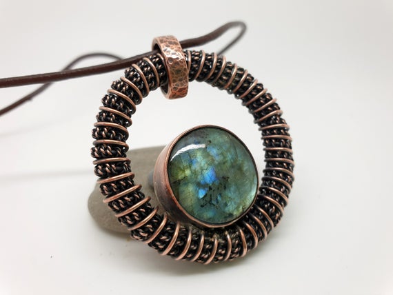 Labradorite Circle Pendant, Wire Wrapped Jewellery, Copper Anniversary