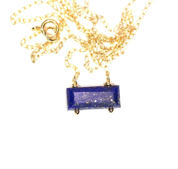 Lapis Necklace, Bar Necklace, Blue Stone Pendant, September Birthstone, Layering Necklace, Something Blue, Gemstone Rectangle 716