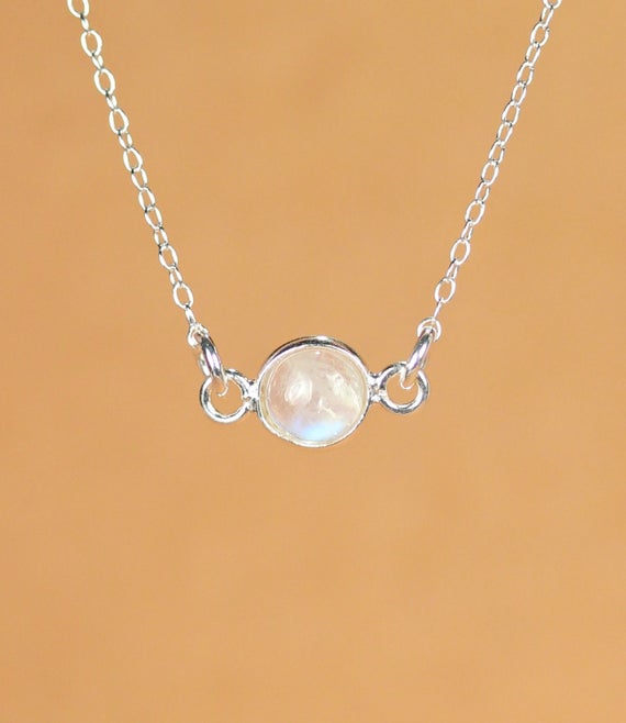 Moonstone Necklace - Silver Moonstone - June Birthstone - Rainbow Moonstone - A Silver Bezel Set Moonstone On A Sterling Silver Chain