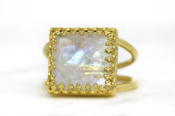 Gold Moonstone Ring · Square Ring · Bridal Ring · Lace Prongs Ring · 14k Gold Filled Ring · Custom Ring · Personalized Ring