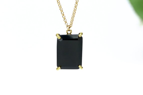 Black Onyx Pendant Necklace · Rectangle Pendant · Gold Necklace · Semiprecious Pendant · Gold Prong Pendant · Long Necklace For Women