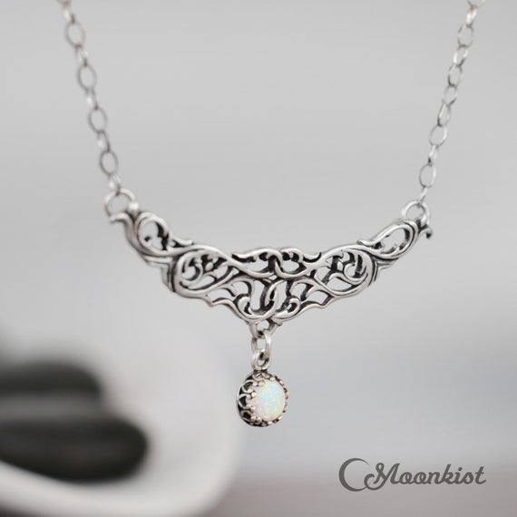 On Sale Elven Necklace, White Opal Necklace Silver, Sterling Silver Opal Necklace, Opal Bib Necklace | Moonkist Designs