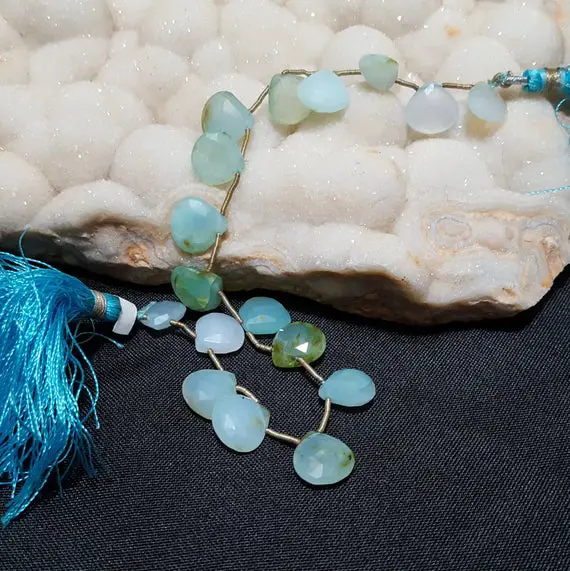 Peruvian Opal Faceted Briolette Beads 8 In. Blue Green Peruvian Opal Bead, Genuine Opal, Semi Precious Gemstone, Heart Beads