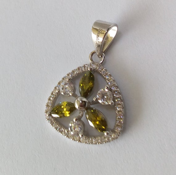 Sterling Silver 925 Pendant Green Peridot Color And Clear Cubic Zirconia, Cz Sparkly Flower Jewelry Gift Floral Triangle Design