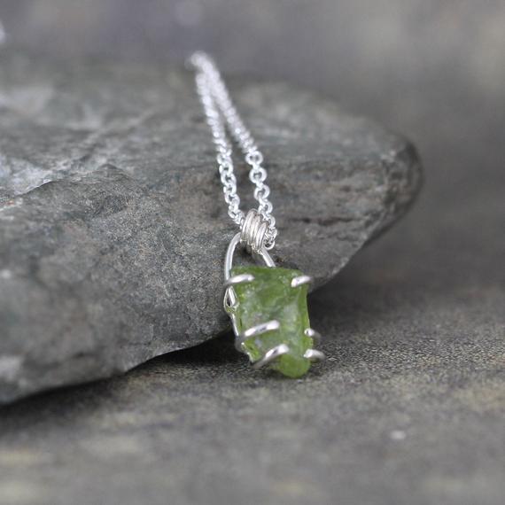 Uncut Raw Rough Peridot Necklace Pendant - Sterling Silver - August Birthstone - Raw Olivine Gemstone - Apple Green Stone - Rustic Necklace