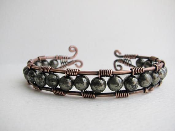 Copper Wire Wrapped Cuff Bracelet With Metallic Pyrite
