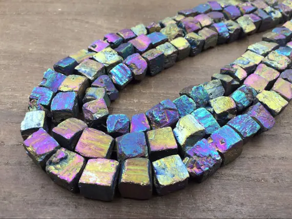 Raw Pyrite Cube Nuggets Titanium Rainbow Iron Pyrite Nugget Cube Beads 10-12mm Rough Stone Beads Natural Gemstone 15.5" Full Strand