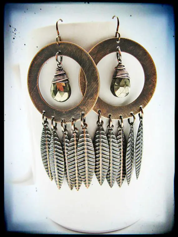 Extra Large Antique Copper Hoop, Pyrite And Feather Fringe Earrings