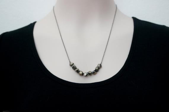 Pyrite Necklace, Geometric Necklace, Faceted Pyrite Necklace,  Pyrite Jewelry, Pyrite Cubes, Ooak Necklace , Gunmetal Chain