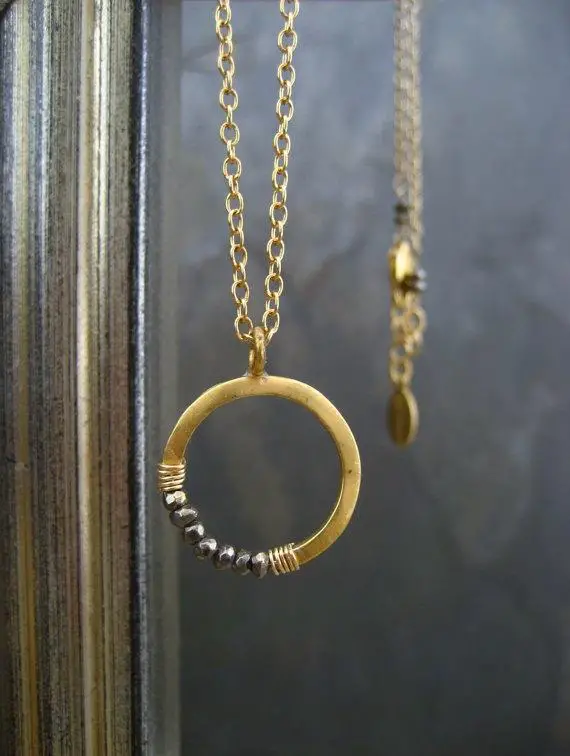 Pyrite Necklace, Circle Pendant, Crescent Necklace, Moon Pendant, Layering Necklace, Half Moon, Round Pendant, Gold Circle Pendant