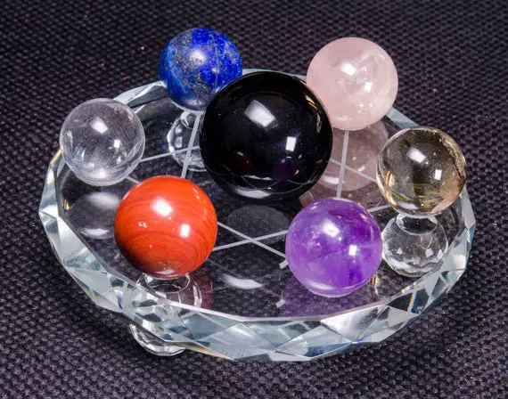Natural Seven  Chakra Stone Quartz Spheres Set With Base/flower Of Life Sacred Geometry/meditation/luck Stone/feng Shui/reiki/chakra