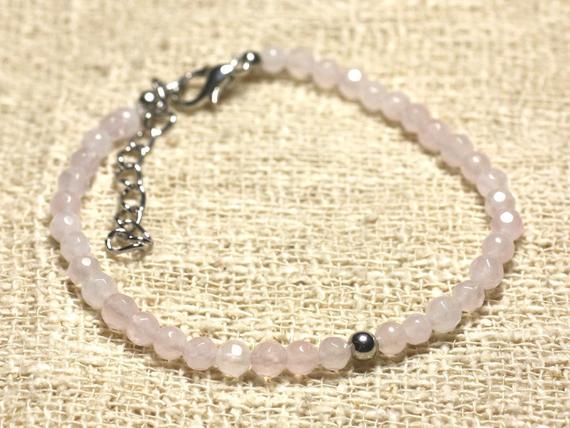 Bracelet Argent 925 Et Pierre Semi Précieuse Quartz Rose Facetté 4mm