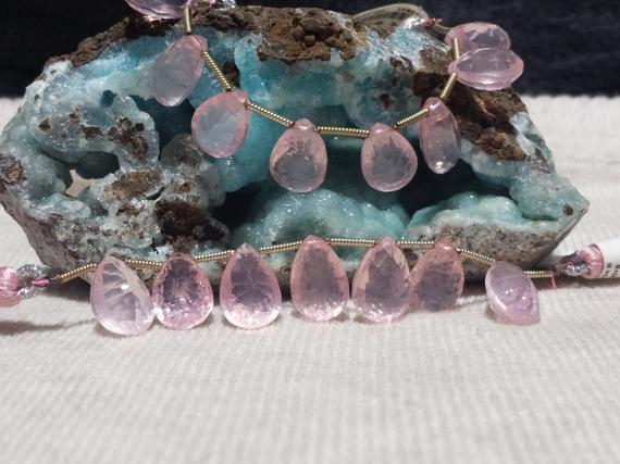 Rose Quartz Custom Faceted Flat Drop Beads 3 In. Strand, Pink Beads, Gemstone Bead Strand, Natural Stone, Pink Faceted Beads, A+ Quality